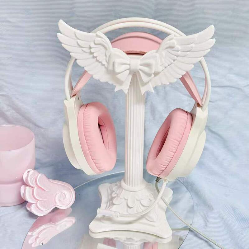 High-quality 3D-printed angel headphone stand with a bow and Roman column design, a desktop display rack for storing and showcasing over-ear headphones
