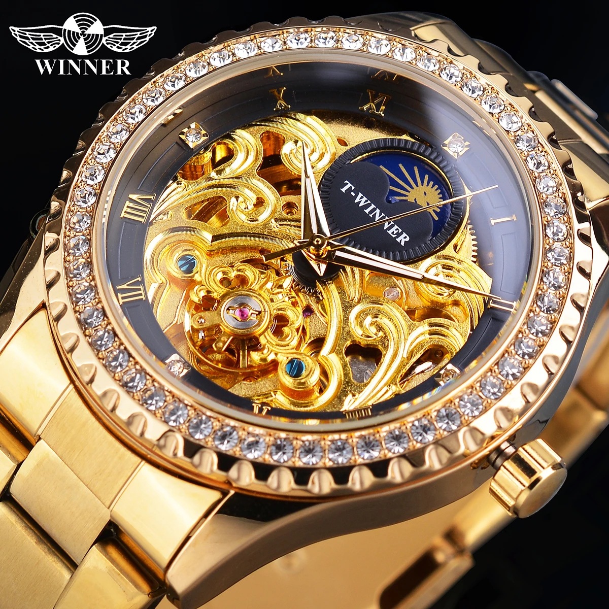 Nuevo ganador europeo y americano estilo Sol rueda hombres moda hueco retro rhinestone reloj automático reloj mecánico