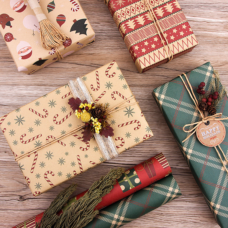Papel de regalo estilo retro para regalos de Navidad, papel kraft, caja de regalo para fiestas, materiales de embalaje transfronterizos de nuevo estilo.