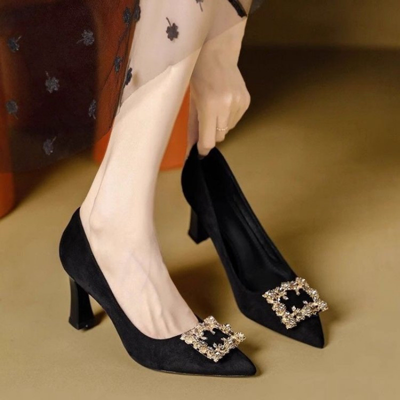 Big Sale French Suede Pointed Toe High-Heeled Women's Shoes That Are Not Tiring for Feet, Soft-Soled Rhinestone Square Buckle Flats 2024 New Style