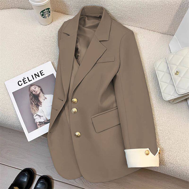 Áo blazer vest nữ thiết kế cao cấp dáng suông, tay dài, cổ vest, phối màu, phong cách Hàn Quốc — Khoai môn tím, gừng vàng, màu xanh ngọc lục bảo, màu xanh nhạt chi tiết 7