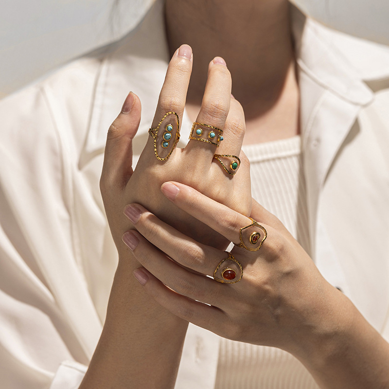 Anillo de acero inoxidable turquesa transfronterizo de TENA diseñado por mujeres nicho anillo de titanio no se desvanece joyería