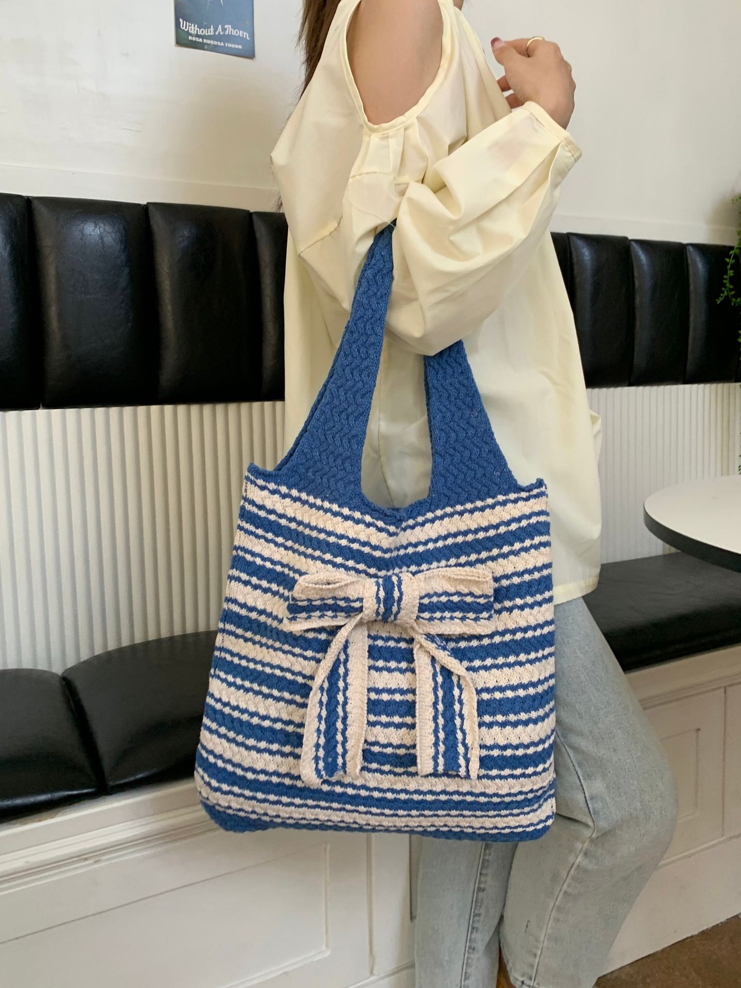 378g Weight Polyester Lining Material Weave Fashion Element Open Closure Type Double Shoulder Straps Strap Type Shoulder Bag Bags Type Travel, Daily Occasion Polyester Material Stripe, Bow Knot Pattern All Seasons Season Women's Gender Vintage Style Style Medium Size Women's Medium Polyester Stripe Bow Knot Vintage Style Weave Open Shoulder Bag 7