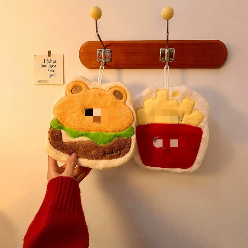 Cartoon Hamburger and Fries Doll Hand Towel, Hangable Cute Hand Towel, Bathroom Thickened Coral Fleece Children's Handkerchief