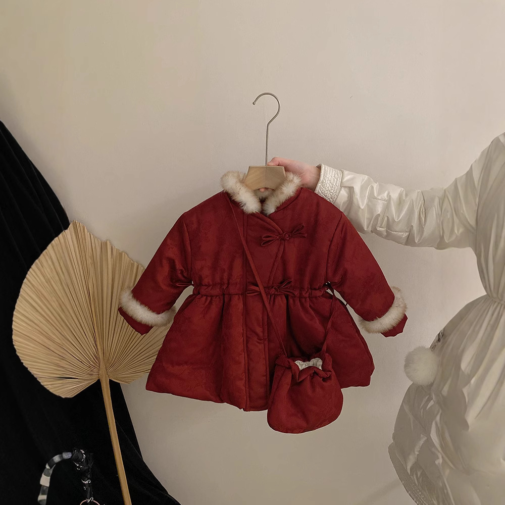 2024 Girls' Chinese Style New Year's Embroidery Cotton Clothes Girl Thickened New Chinese Cotton Clothes Warm New Year's Thick Clothes Jacket