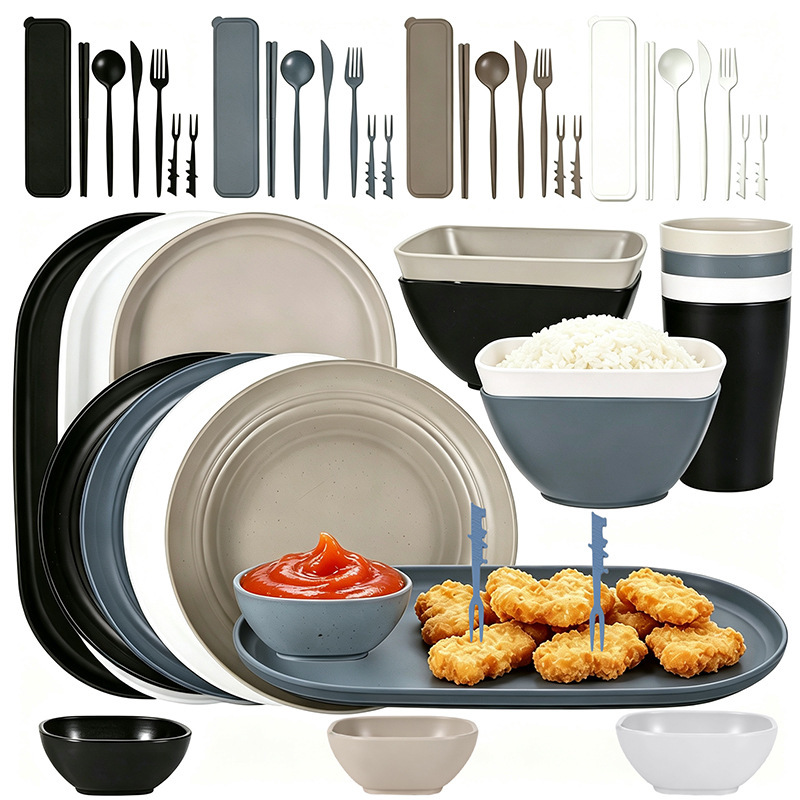 Cross-border wheat straw plate, bowl, cup, cutlery, household oval steak plate, square soup bowl, sauce dish set Cross-border wheat straw plate, bowl, cup, cutlery, household oval steak plate, square soup bowl, sauce dish set