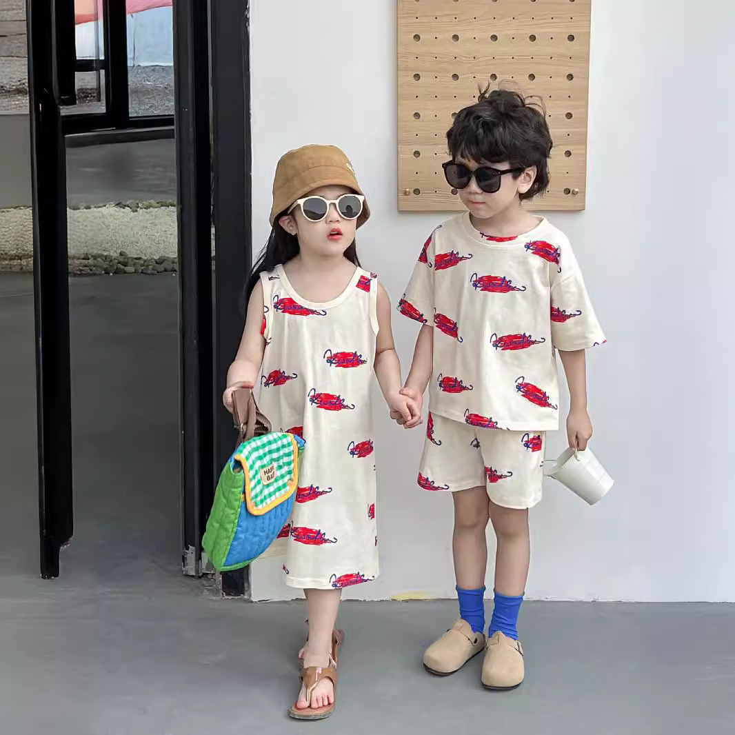 Men and Women Children Summer Casual Sports Sibling Set Blue Base Pink Print Blouse Skirt + Short Sleeve Top Shorts Sister Brother Set