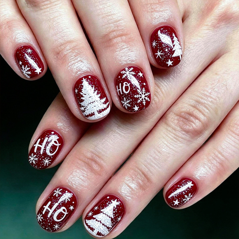 Christmas Press-On Nails Short Square Style Wine Red and White Christmas Tree Snowflake Star Print Fake Nails 24 Pieces Wholesale