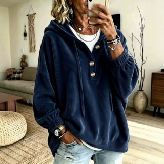 跨境欧美 灯芯绒连帽卫衣女宽松慵懒风半开扣大码休闲上衣女装批