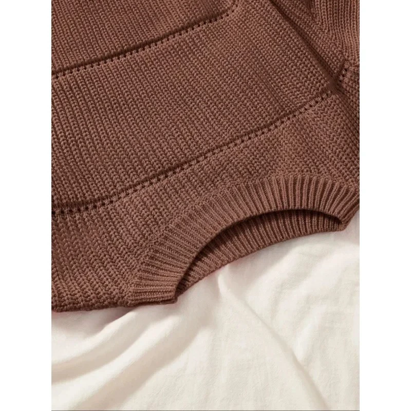 Solid Round-Collar Knit Sweater, Brown, Oversized Style, Sizes 1XL–5XL