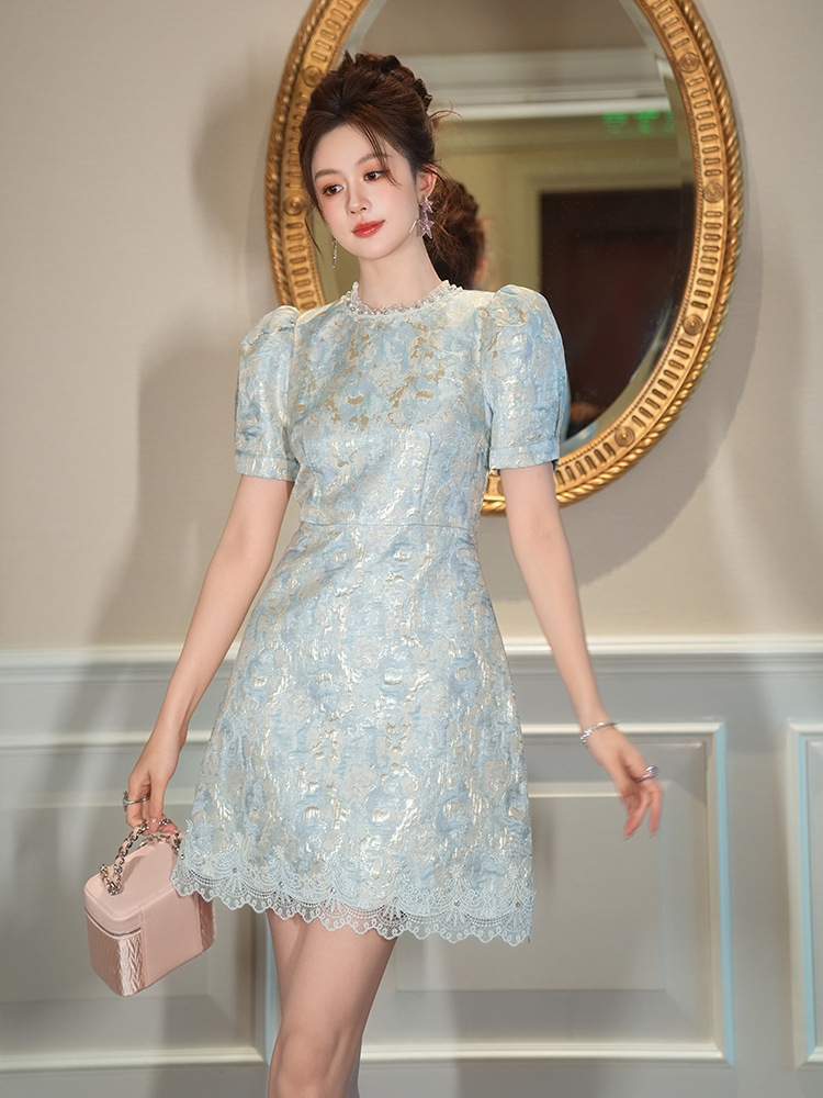 Đầm maxi nữ thắt eo ren tay phồng phong cách cổ điển Pháp — màu xanh