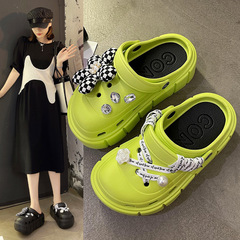 夏季網紅ins格子花朵綁帶厚底洞洞鞋女包頭防摔兩穿松糕底沙灘