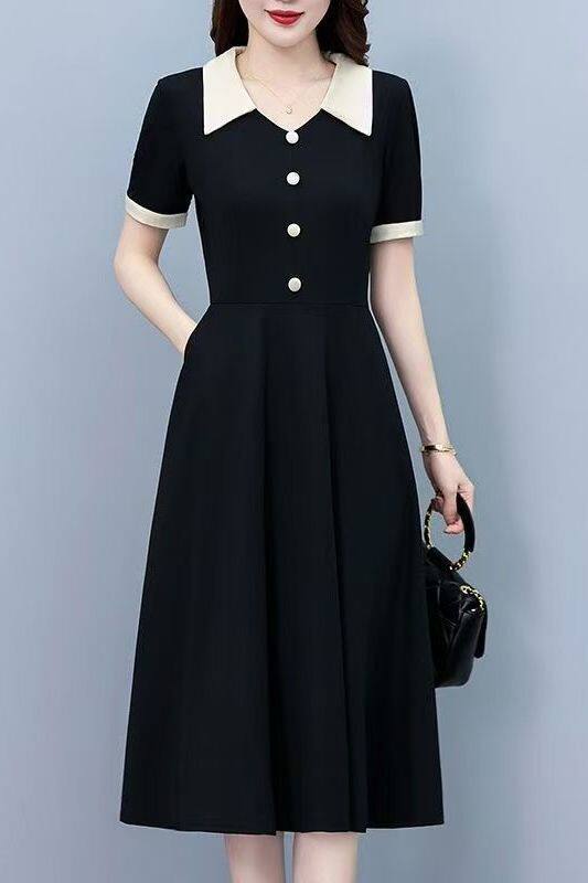 Đầm liền thân ngắn tay cổ polo dáng chữ A eo cao phong cách thanh lịch — [Màu đen] Có túi [Vải cao cấp] chi tiết 2