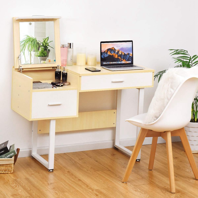 Espejo de tocador de estilo sencillo de madera, mesa de maquillaje moderna minimalista con gabinete de almacenamiento integrado para dormitorio.