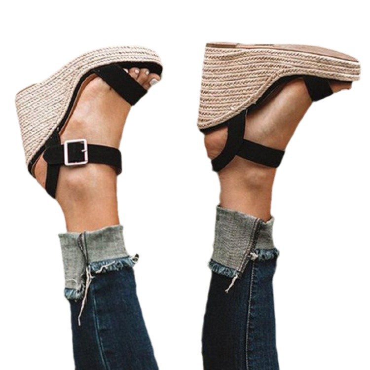 Sandales compensées à bride unique pour femme, grande taille, style printemps-été, en corde, paille, bouche de poisson_voghion.com