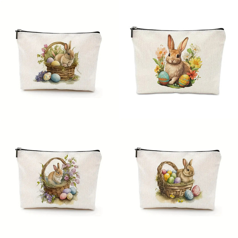 Transfronterizo Amazon Temu popular patrón de Pascua de lino de doble cara de impresión bolsa de cosméticos bolsa de cremallera para las mujeres