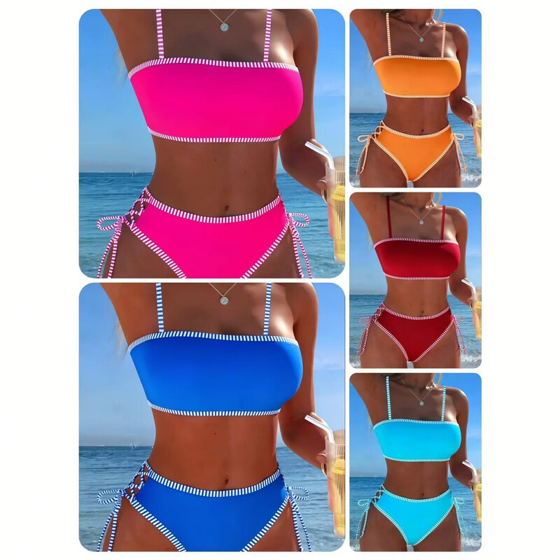 2026 New European and American Style Striped Tie-Up Two-Piece Bikini Swimsuit Set, Strapless High-Waisted Sexy Beachwear