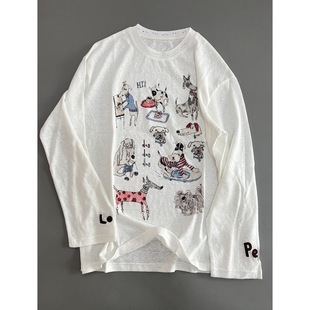 The real beauty dizzy designer recommend hollow collar printed long sleeve T-shirt spring and summer new round neck white top women