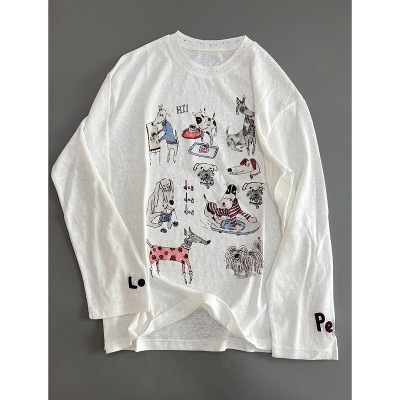 The real beauty dizzy designer recommend hollow collar printed long sleeve T-shirt spring and summer new round neck white top women