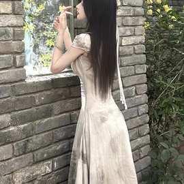 新中式改良旗袍扎染裙子女小众清冷感纯欲风收腰修身长款裙子