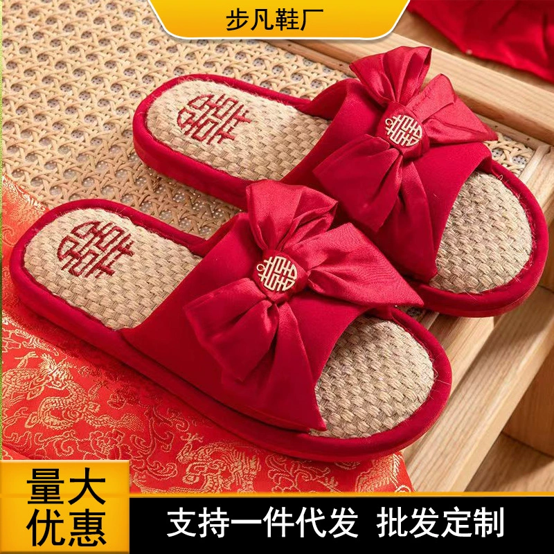 Свадебные тапочки Праздничный бант Большой красный пара Four Seasons Льняная пара Невеста Сопровождающие Тапочки