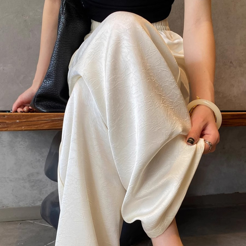 White Jacquard Pants Women's Summer Thin High Waist Dagging New Chinese Satin Ice Silk Wide Leg Pants Sunscreen Straight Cool