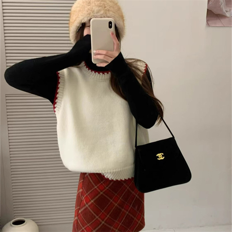Korean Style 2025 Spring New Style Contrasting Edge Round Neck Vest Women's Loose Layered Sleeveless Knitted Sweater Vest Top
