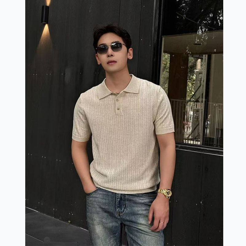 Old Money Style Hollow Jacquard Polo Shirt Men's Short-Sleeved Summer Knitted Linen Tencel Breathable Striped Lapel T-Shirt