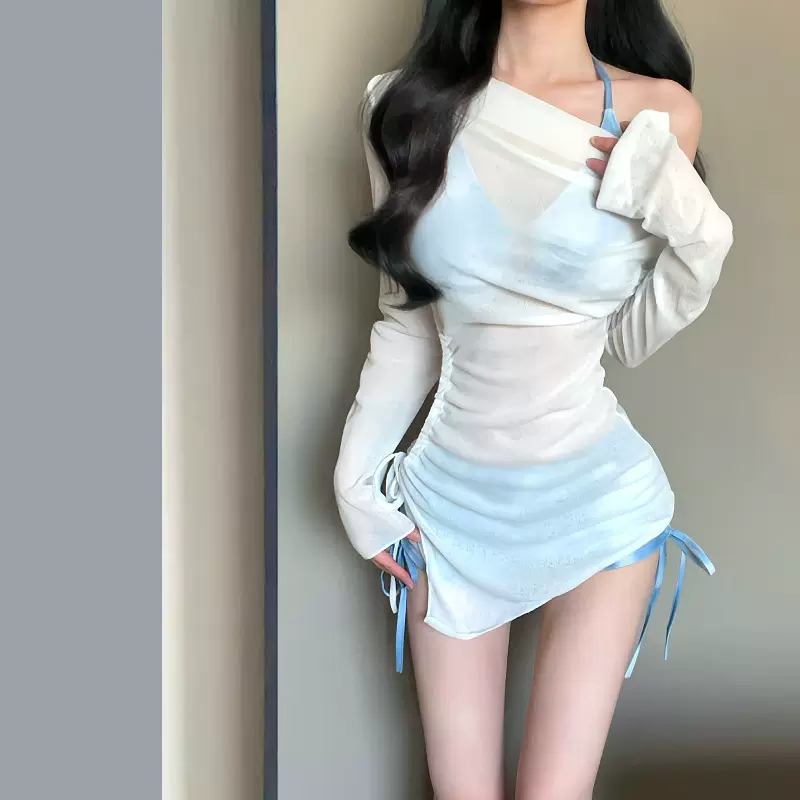 泳衣女2025新款比基尼海边温泉性感复古牛仔长袖罩衫分体度假泳装