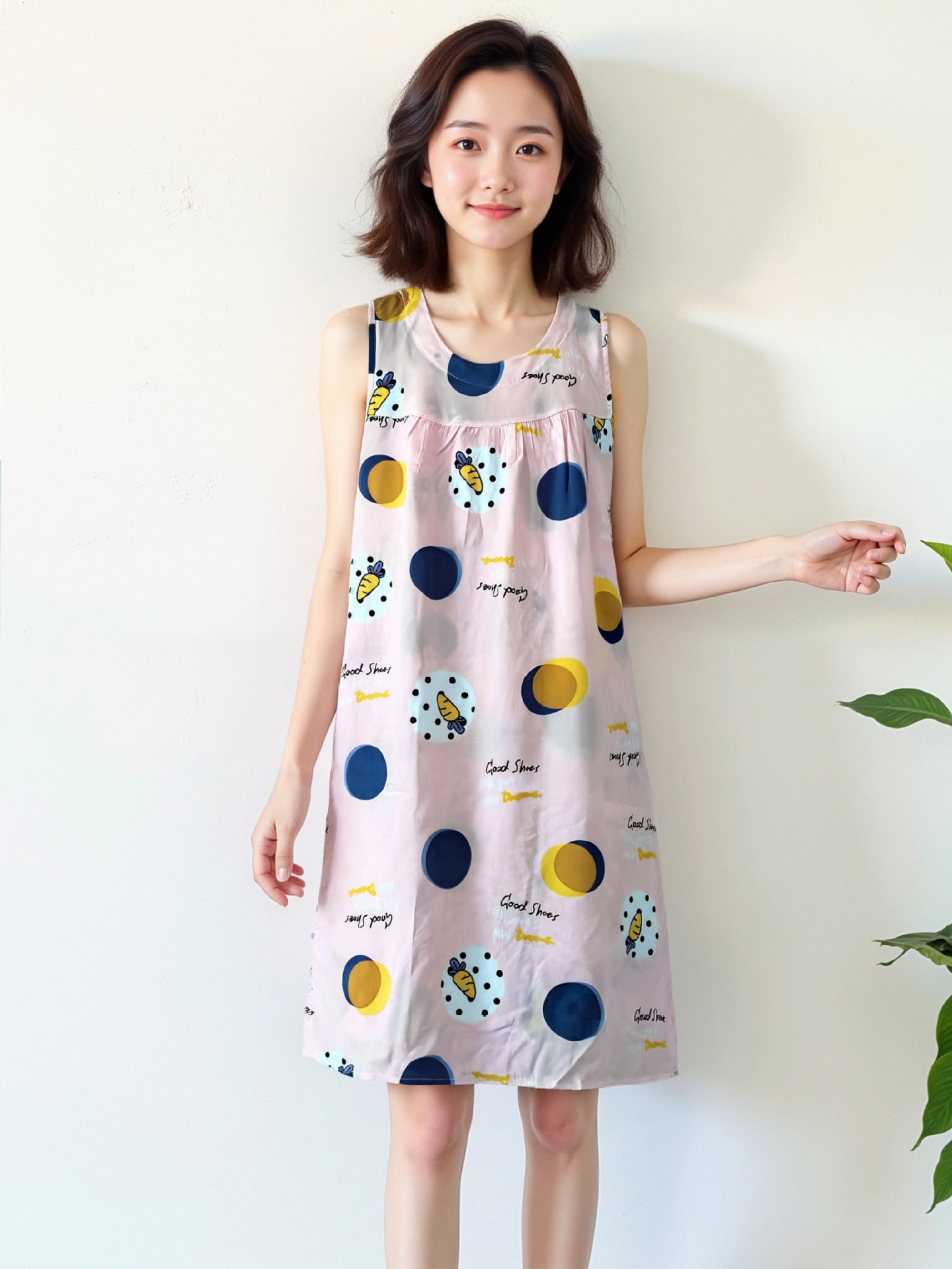 女性用ナイトガウン夏プラスサイズノースリーブコットンシルクミッドレングス人工綿ルーズドレス中高年パジャマホームウェア