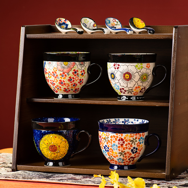 Hand-Painted Ceramic Breakfast Cup Set With Spoon (510ml) - 4 Vintage Floral Designs, Includes Nut Dish & Spoon_voghion.com