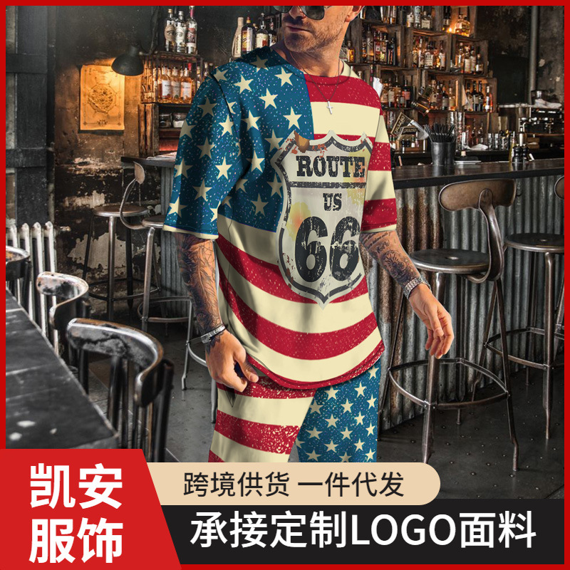 源头厂家 现货批发 美国国旗新款3D印花短裤T恤男士休闲运动套装