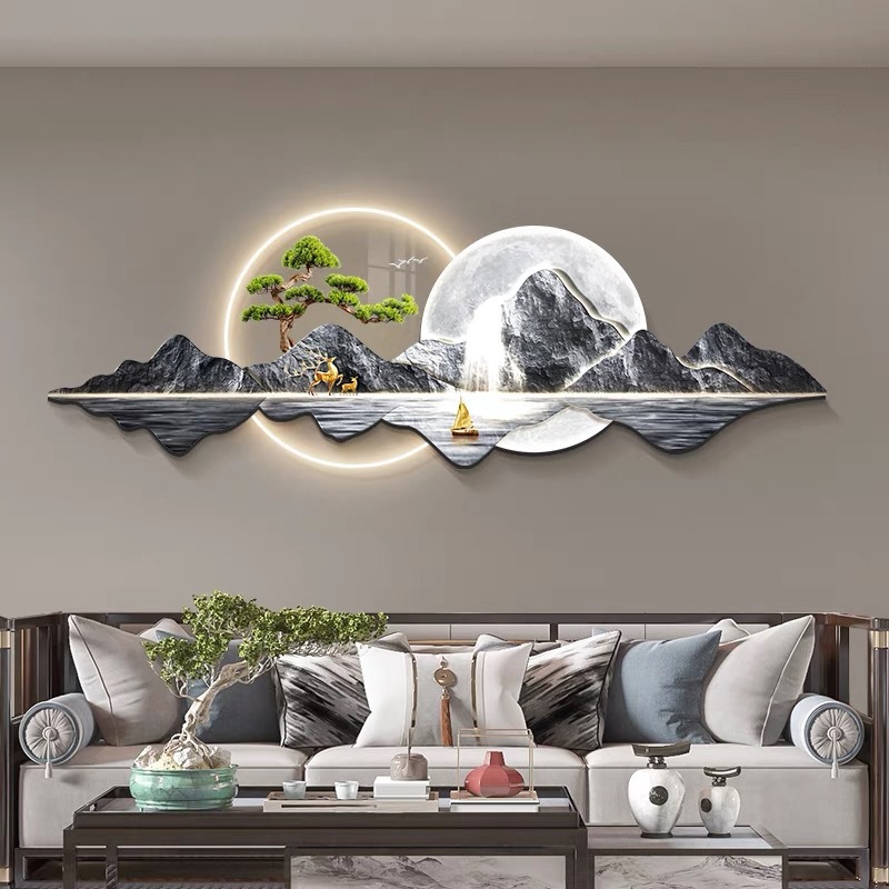 Pintura de decoración de la sala de estar de lujo moderno lámpara LED respalda Jinshan atmósfera paisaje colgar pintura de fondo mural de sofá
