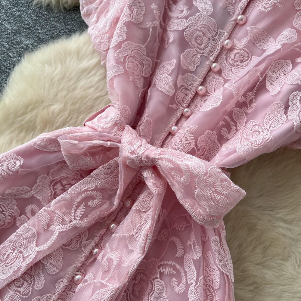 Elegant Lace Embroidered Dress for Women High-Waisted A-Line Skirt Summer Suitable for Commuting And Banquets_ecoleips.com