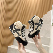 明星同款冬季拼色萌萌高帮毛毛德训鞋保暖加绒女士棉鞋子平底鞋女