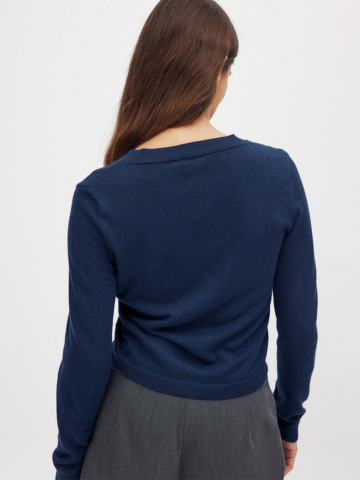 Áo cardigan dệt kim nữ cổ tròn tay dài mỏng nhẹ mặc trong — kaki, màu xanh hải quân chi tiết 6
