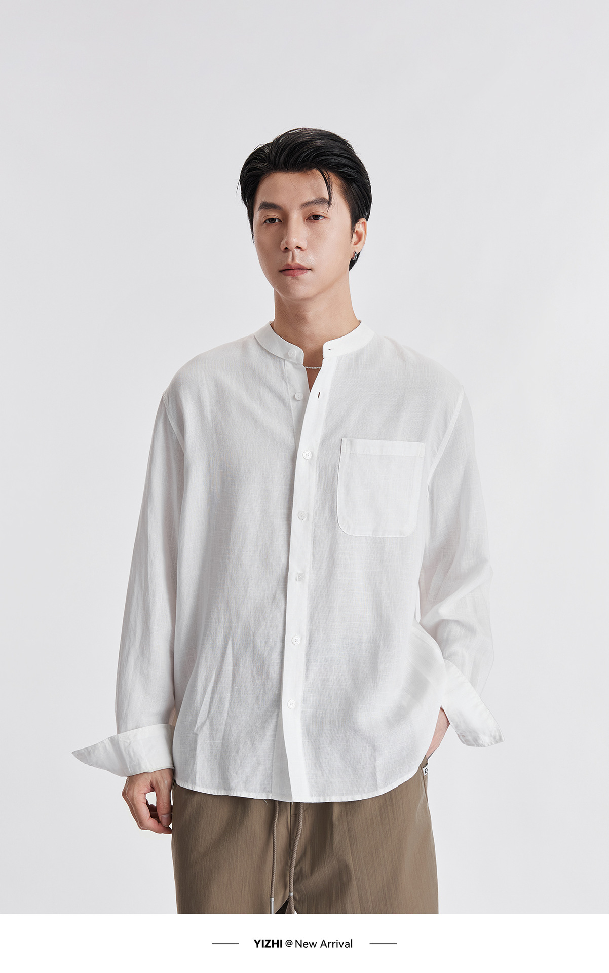 Áo sơ mi nam linen cổ đứng tay dài mùa hè, chất liệu lanh thoáng khí, phong cách Trung Hoa, túi đơn — Xanh navy chi tiết 8
