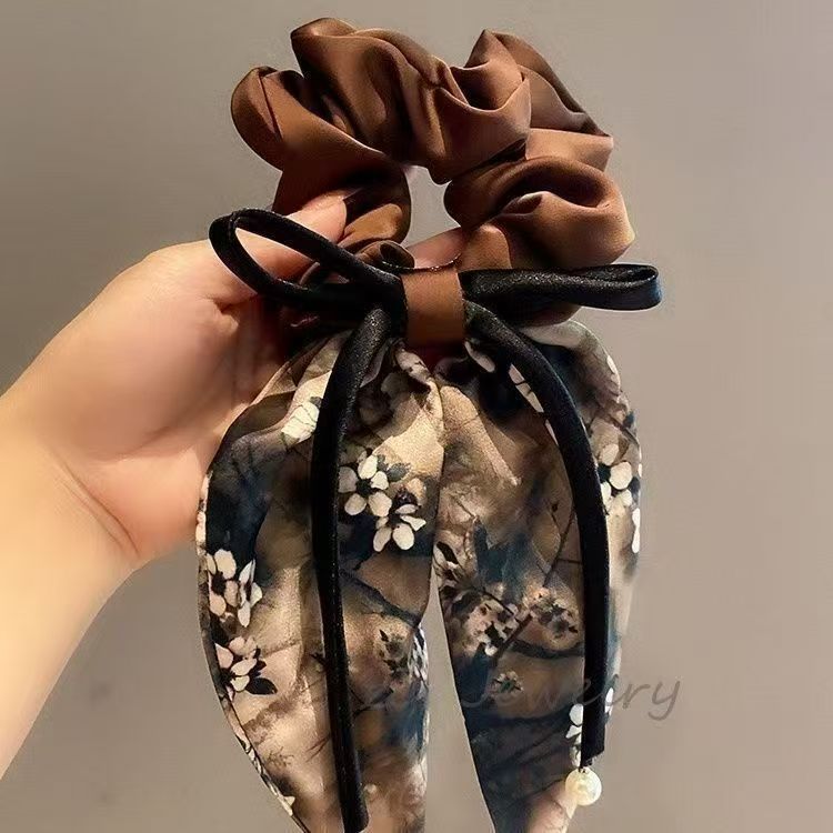 Nuevo lazo de raso estampado, coletero de encaje elegante estilo chino, cuerda para el pelo de cola de caballo al por mayor