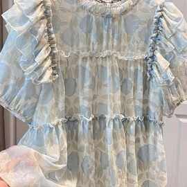 泡泡短袖衬衫女2026夏季大码荷叶边碎花宽松设计感遮肉上衣