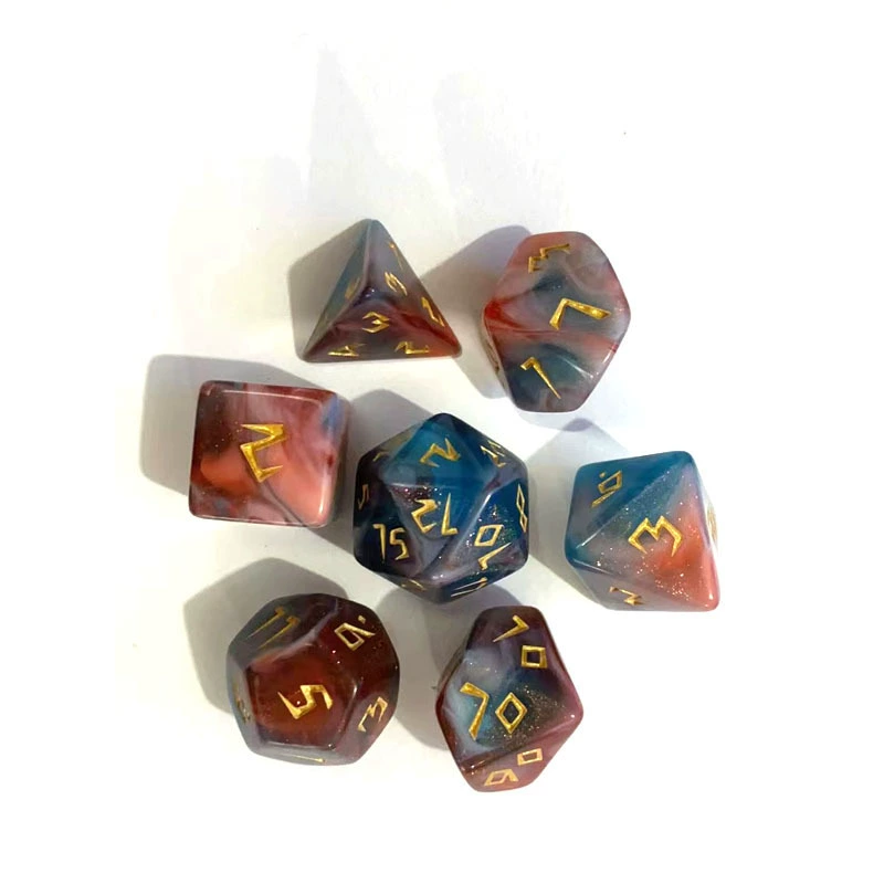 7‑piece polyhedral dice set, tricolor chameleon finish, standard DnD kit (d20–d4), multi‑color