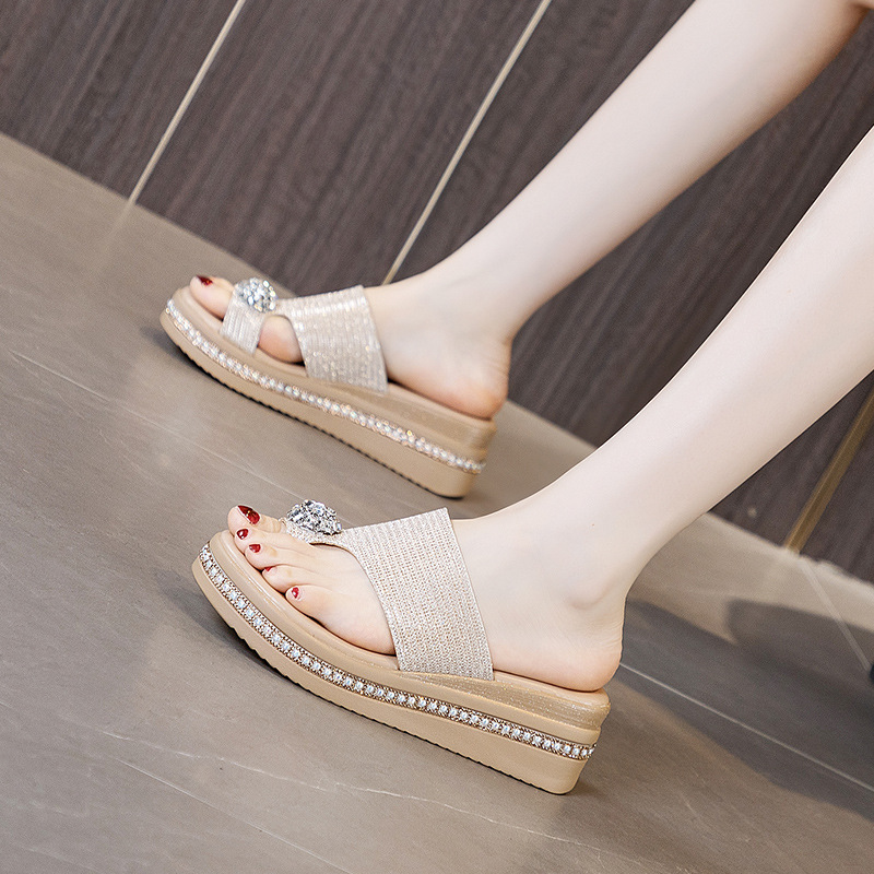 Silver Sandals for Women's Summer Outer Wear 2023 New Style Sparkling Diamond Fashion Versatile Foreign Style Fairy Style Wedge Heel Thick Sole