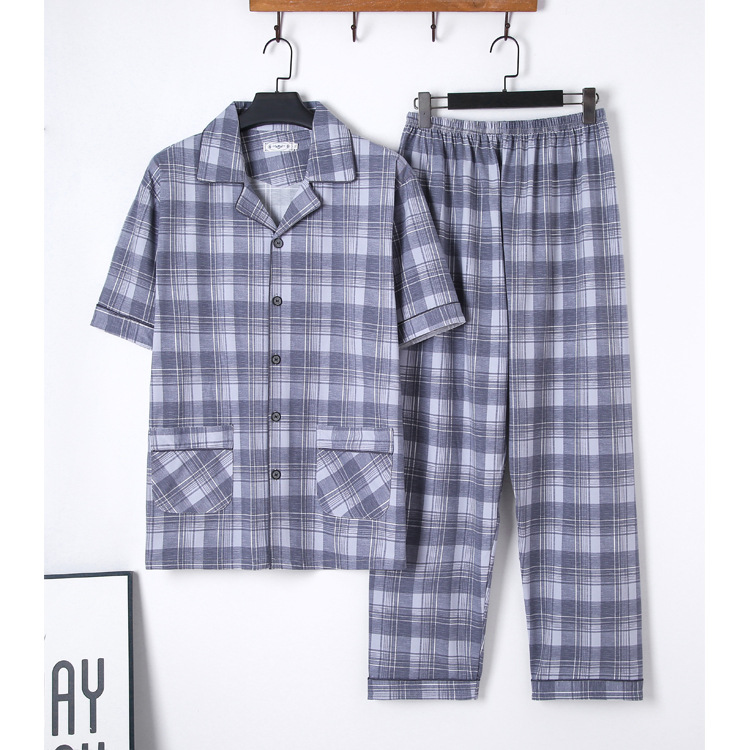 新款純棉睡衣男夏季短袖長褲春夏開衫格紋休閑全棉男士家居服套裝