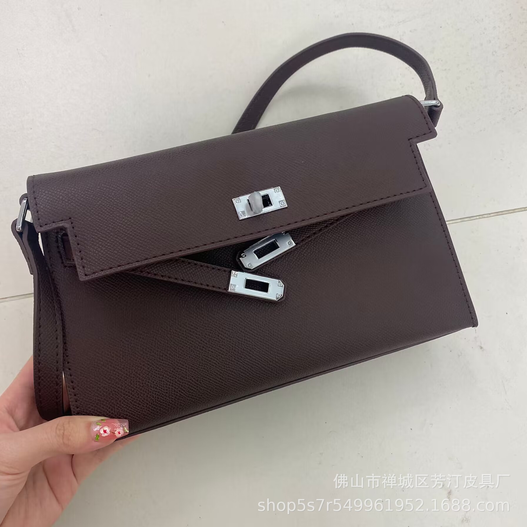 Double Strap Horizontal Palm Grain Leather Bag With Silver Buckle - Women's Genuine Cowhide Baguette Shoulder Underarm Crossbody Classic - Thumbnail 7
