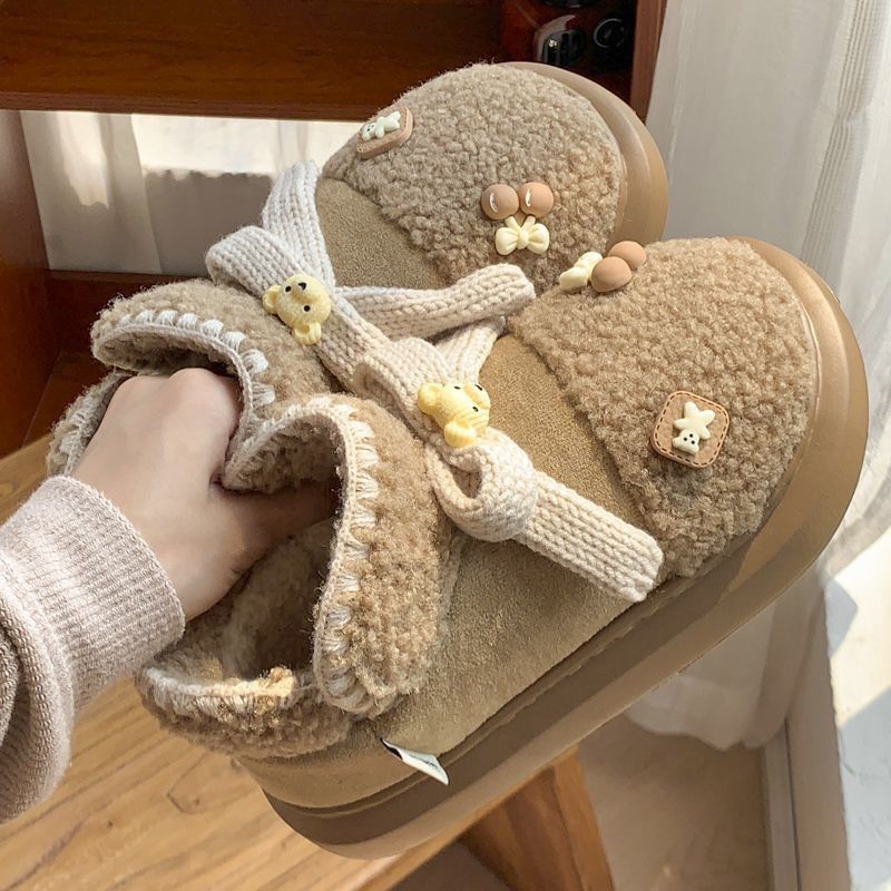 Cute Bear All-Inclusive Winter Cotton Slippers for Women's Home Indoor Cotton Shoes for Outer Wear Thickeneded High-Top Warm Snow Boots