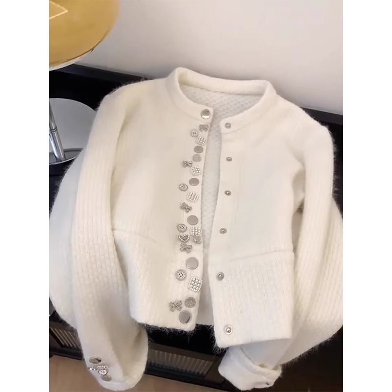 Tweed Style White Heavy-Duty Raccoon Velvet Sweater Jacket for Women Autumn and Winter New Furry Knitted Cardigan Top