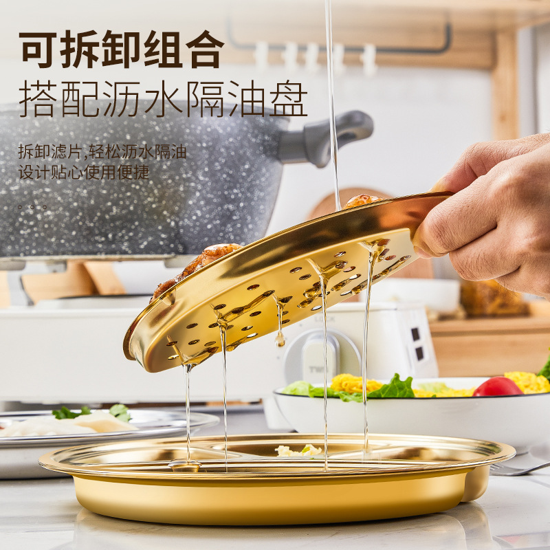304不鏽鋼分格餐盤家用火鍋蘸料圓形金色調料碟韓式瀝油烤肉盤子