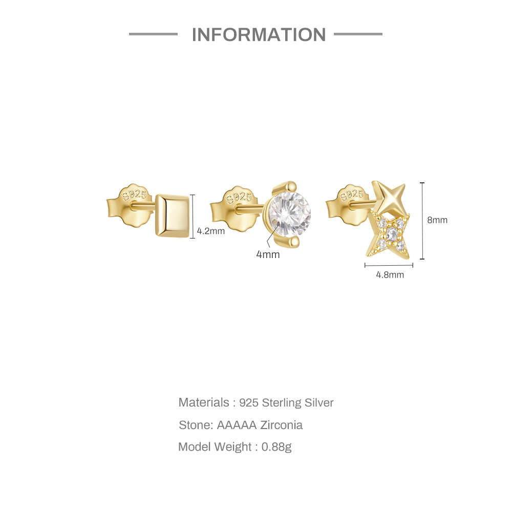 3g Weight Ear Studs Classification 1 Set Quantity Daily Occasion 925 Sterling Silver Material Star, Butterfly Pattern Women's Gender Plating Design Simple Style Style 1 Set 925 Sterling Silver Star Butterfly Ear Studs 6