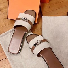 2025高品质小锁扣一字拖鞋女时尚百搭拼色方头平底外穿休闲拖鞋