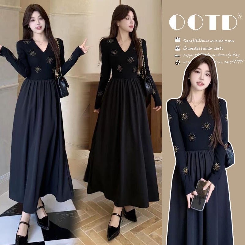 2025 Maternity Wear Autumn and Winter New French Heavy Industry Hot Diamond High Waist Dress Retro Splicing Dress