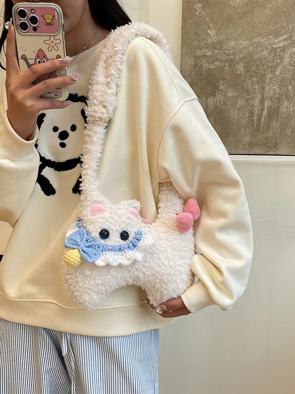 25年新作少女風可愛い猫ぬいぐるみバッグレディースファッション百合通勤シングルショルダーバッグ脇下カバン|undefined